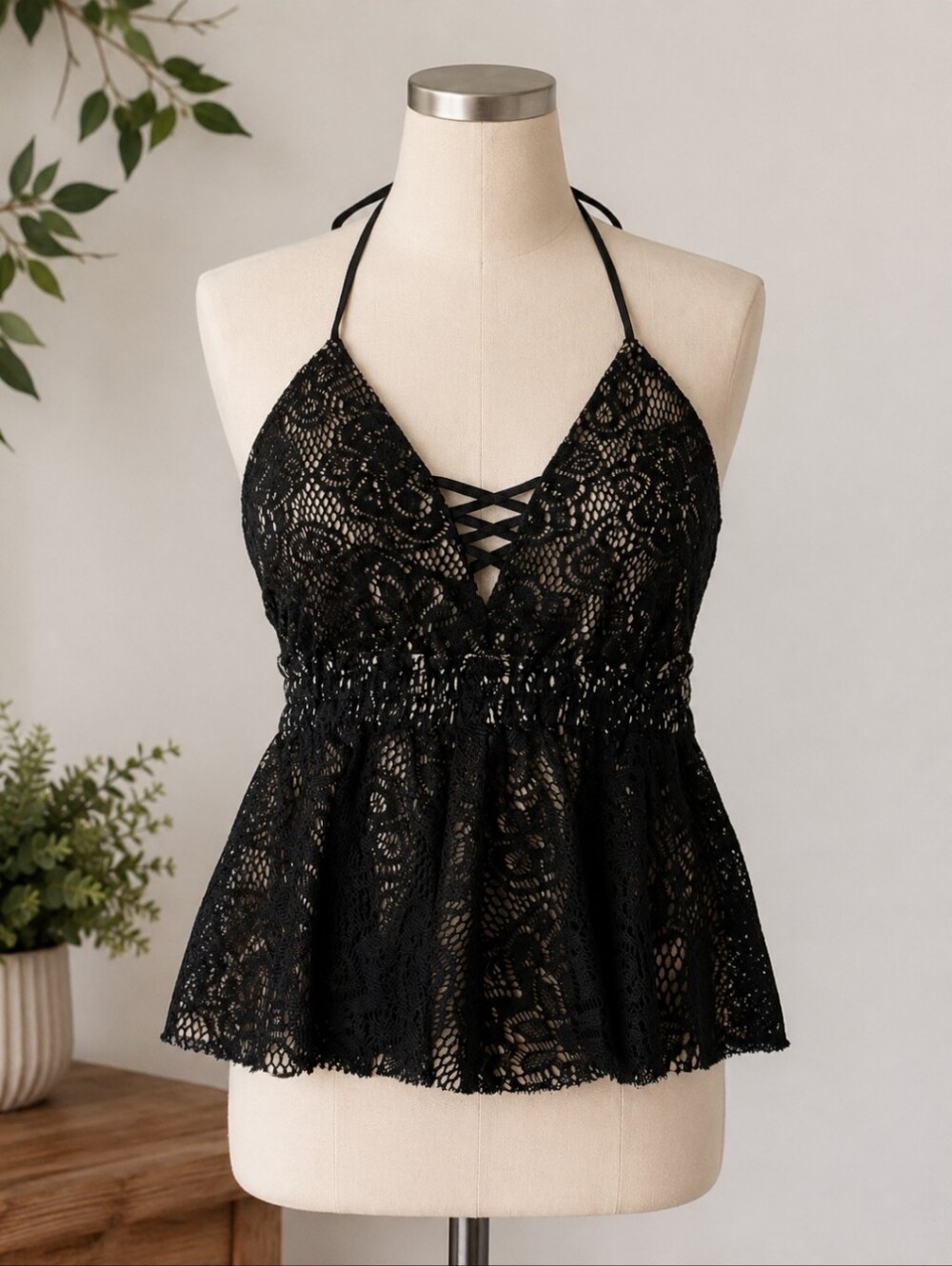 DO+BE Black Lace Trim Cream Halter Top Y2K WhimsiGoth, Sexy, Whitchy